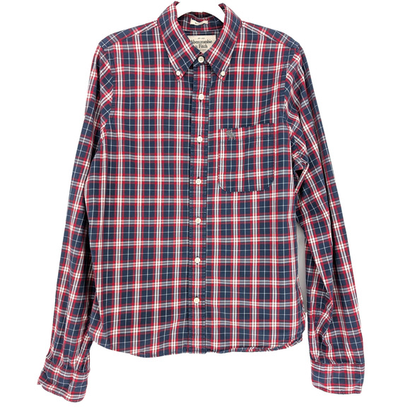 VTG Y2K Mens Abercrombie Red Blue Plaid Muscle Button Down Preppy Academia LG - Picture 1 of 7